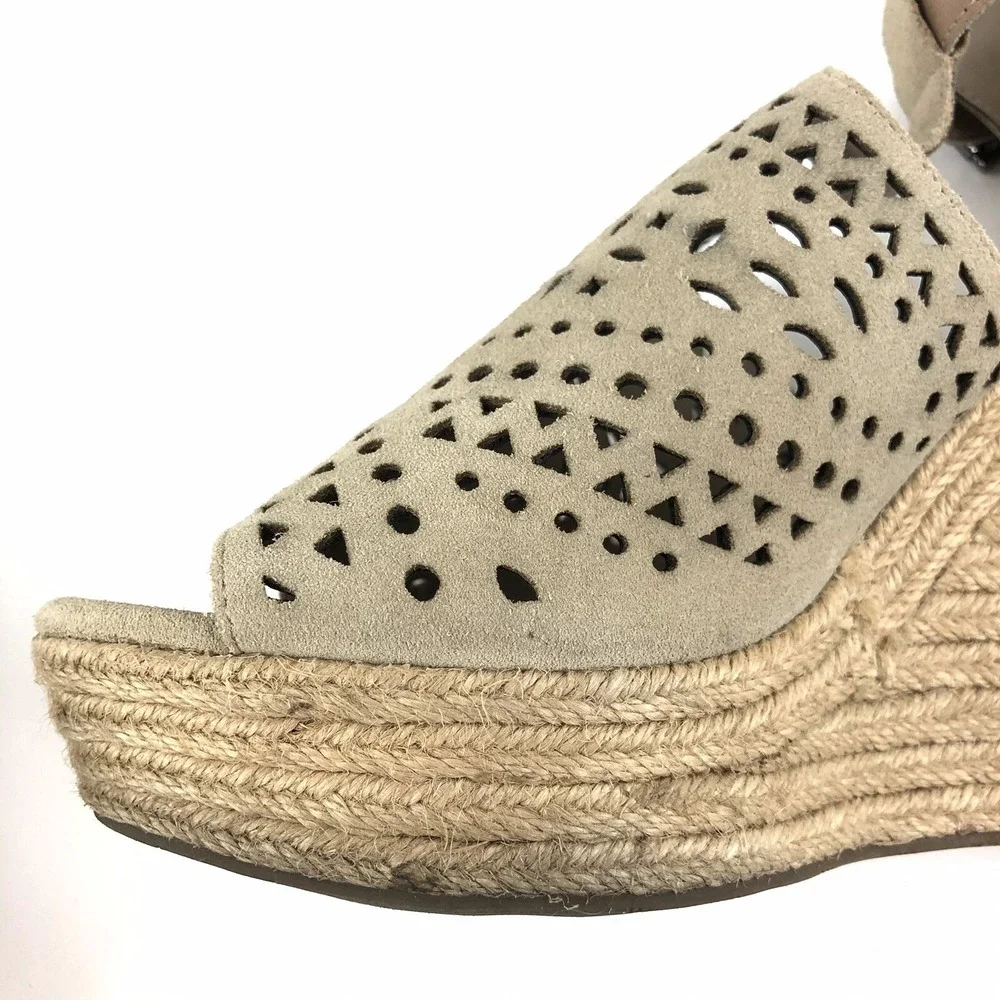 Marc Fisher Hasina Women Wedge Sandals Size 10 Perforated Suede Ankle Strap Jute